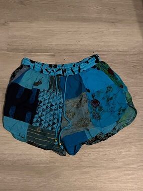 Blue Patchwork Women's Shorts with Drawstring